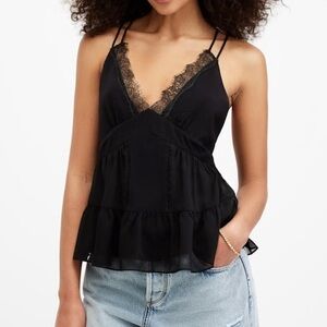 All Saints Rowen New black Lace Trim Cami Top‎ tank US 6